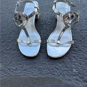 Tory Burch Silver T-Strap Sandals with Medallion